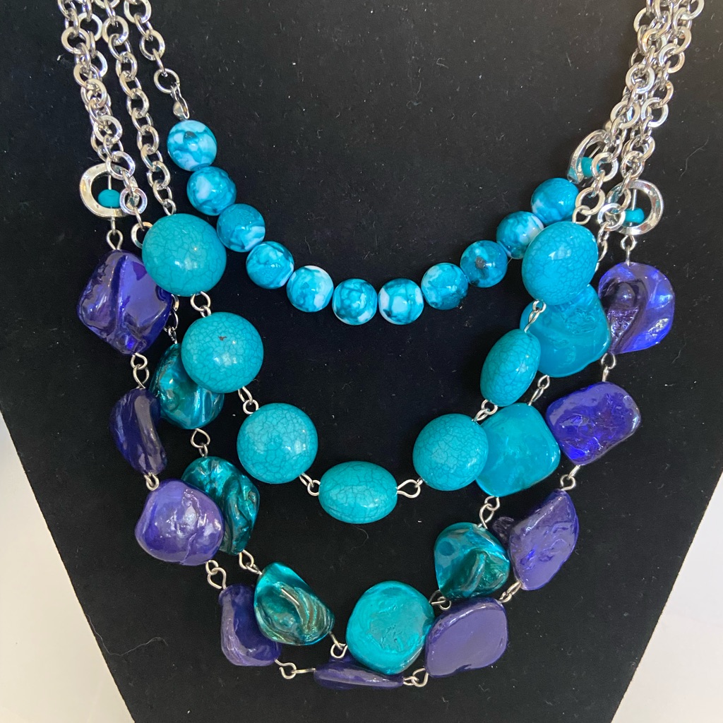 Jaclyn Smith Beaded Necklace In Blue And Purple With Silvertone Chain